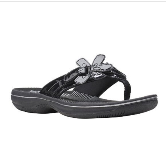 Clarks Cloudsteppers (8 Medium) Womens BrinKley Flora BLACK Patent Flip Flop - Picture 3 of 4